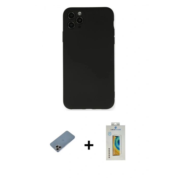 MARSİLYAN™- iPhone 11 Pro Max Kılıf Ahenk Serisi - Siyah Polymer Nano Ekran Koruyucu + Shine Kamera Lens Koruma Cam - GI