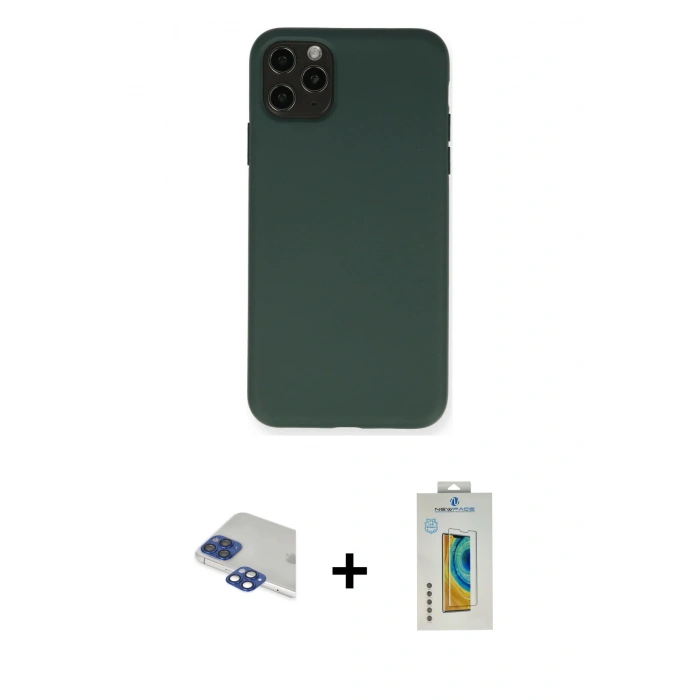 MARSİLYAN™- iPhone 11 Pro Max Kılıf Ahenk Serisi - Siyah Polymer Nano Ekran Koruyucu + Pers Alüminyum Kamera Lens - LT