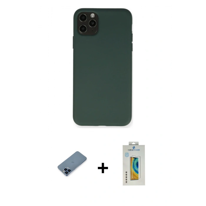 MARSİLYAN™- iPhone 11 Pro Max Kılıf Ahenk Serisi - Siyah Polymer Nano Ekran Koruyucu + Metal Kamera Lens Koruma Cam - MI