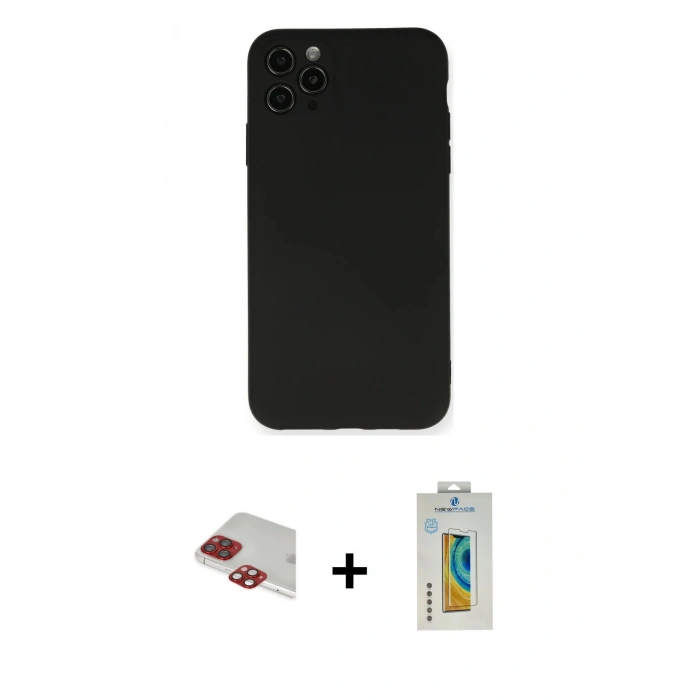 MARSİLYAN™- iPhone 11 Pro Max Kılıf Ahenk Serisi - Siyah Polymer Nano Ekran Koruyucu + Pers Alüminyum Kamera Lens - KI