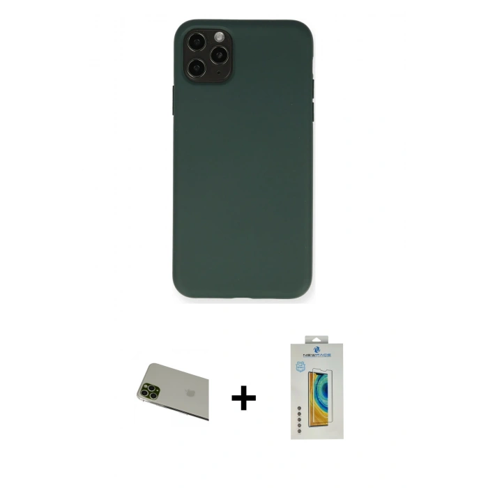 MARSİLYAN™- iPhone 11 Pro Max Kılıf Ahenk Serisi - Siyah Polymer Nano Ekran Koruyucu + Rainbow Kamera Lens Koruma Cam - YL