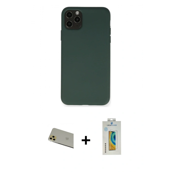 MARSİLYAN™- iPhone 11 Pro Max Kılıf Ahenk Serisi - Siyah Polymer Nano Ekran Koruyucu + Rainbow Kamera Lens Koruma Cam - GD
