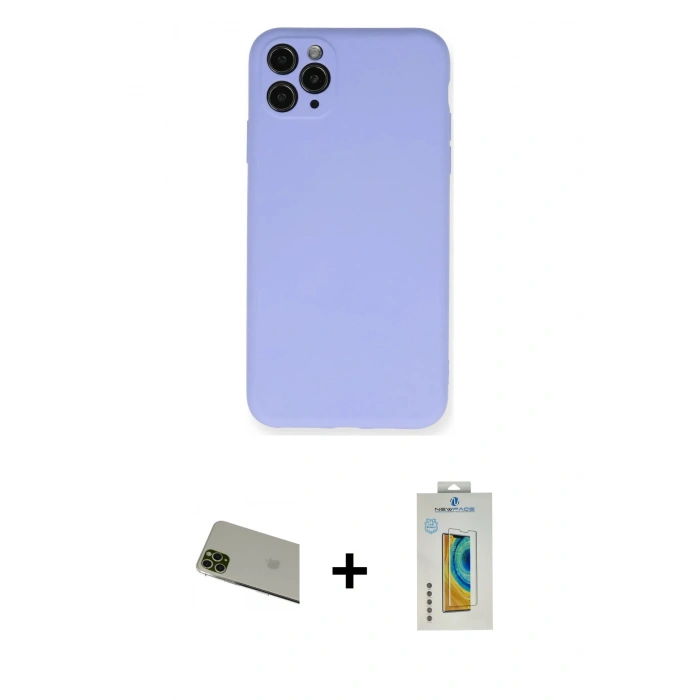 MARSİLYAN™- iPhone 11 Pro Max Kılıf Ahenk Serisi - Siyah Polymer Nano Ekran Koruyucu + Rainbow Kamera Lens Koruma Cam - YL