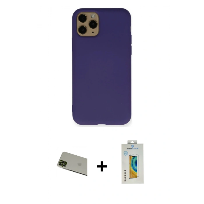 MARSİLYAN™- iPhone 11 Pro Max Kılıf Ahenk Serisi - Siyah Polymer Nano Ekran Koruyucu + Rainbow Kamera Lens Koruma Cam - YL