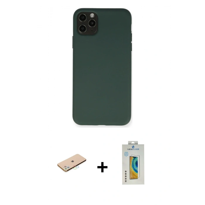 MARSİLYAN™- iPhone 11 Pro Max Kılıf Ahenk Serisi - Siyah Polymer Nano Ekran Koruyucu + Renkli Kamera Lens Koruma Cam - MI