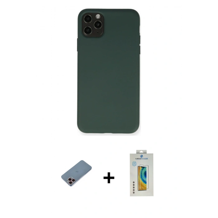 MARSİLYAN™- iPhone 11 Pro Max Kılıf Ahenk Serisi - Siyah Polymer Nano Ekran Koruyucu + Shine Kamera Lens Koruma Cam - PE