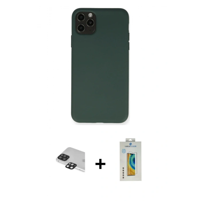 MARSİLYAN™- iPhone 11 Pro Max Kılıf Ahenk Serisi - Siyah Polymer Nano Ekran Koruyucu + Siyah Pers Alüminyum Kamera Lens