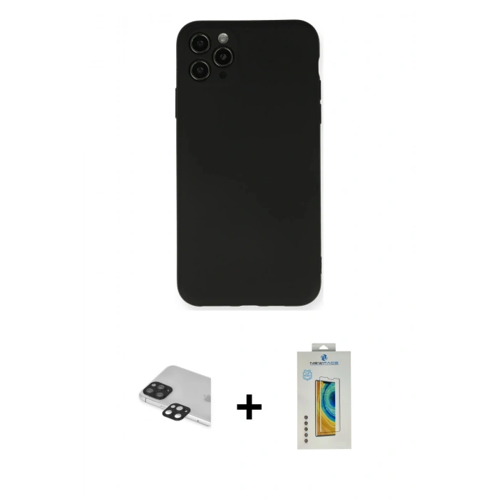 MARSİLYAN™- iPhone 11 Pro Max Kılıf Ahenk Serisi - Siyah Polymer Nano Ekran Koruyucu + Siyah Pers Alüminyum Kamera Lens