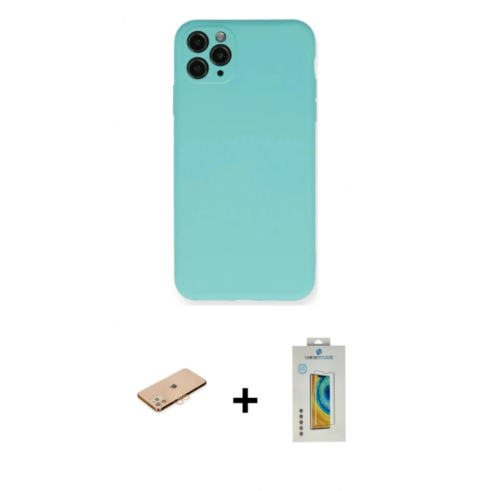 MARSİLYAN™- iPhone 11 Pro Max Kılıf Ahenk Serisi - Siyah Polymer Nano Ekran Koruyucu + Turuncu Renkli Kamera Lens Koruma Cam