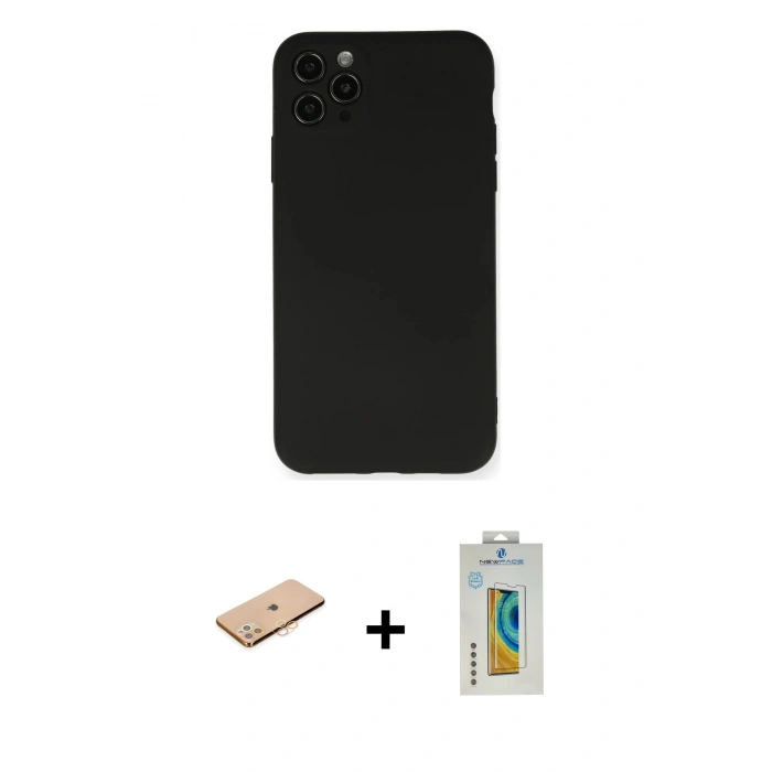 MARSİLYAN™- iPhone 11 Pro Max Kılıf Ahenk Serisi - Siyah Polymer Nano Ekran Koruyucu + Turuncu Renkli Kamera Lens Koruma Cam