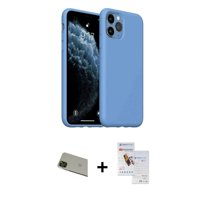 MARSİLYAN™- iPhone 11 Pro Max Kılıf Ahenk Serisi - Siyah Seramik Nano Ekran Koruyucu + Rainbow Kamera Lens Koruma Cam - YL