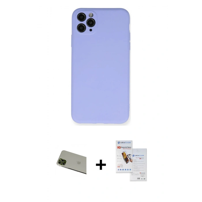 MARSİLYAN™- iPhone 11 Pro Max Kılıf Ahenk Serisi - Siyah Seramik Nano Ekran Koruyucu + Rainbow Kamera Lens Koruma Cam - YL