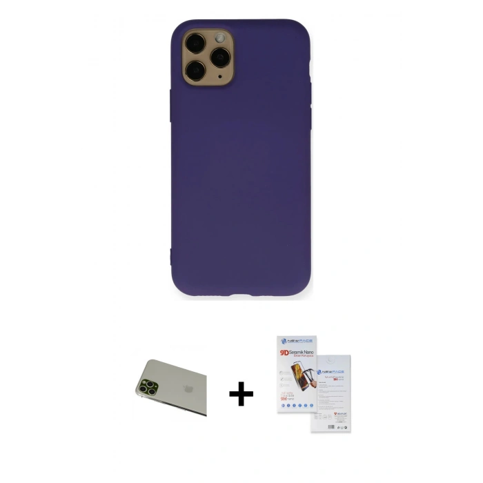 MARSİLYAN™- iPhone 11 Pro Max Kılıf Ahenk Serisi - Siyah Seramik Nano Ekran Koruyucu + Rainbow Kamera Lens Koruma Cam - YL