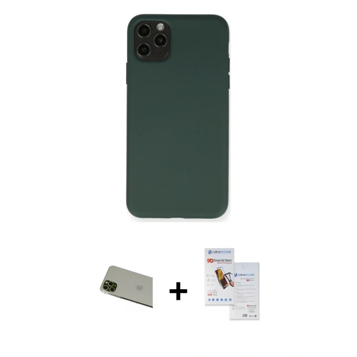 MARSİLYAN™- iPhone 11 Pro Max Kılıf Ahenk Serisi - Siyah Seramik Nano Ekran Koruyucu + Rainbow Kamera Lens Koruma Cam - YL