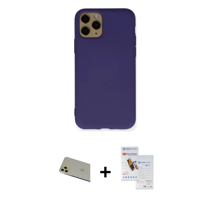 MARSİLYAN™- iPhone 11 Pro Max Kılıf Ahenk Serisi - Siyah Seramik Nano Ekran Koruyucu + Rainbow Kamera Lens Koruma Cam - GD