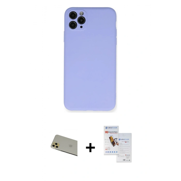 MARSİLYAN™- iPhone 11 Pro Max Kılıf Ahenk Serisi - Siyah Seramik Nano Ekran Koruyucu + Rainbow Kamera Lens Koruma Cam - GD