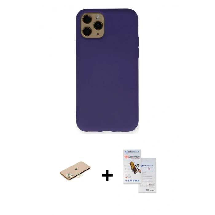 MARSİLYAN™- iPhone 11 Pro Max Kılıf Ahenk Serisi - Siyah Seramik Nano Ekran Koruyucu + Renkli Kamera Lens Koruma Cam - SI