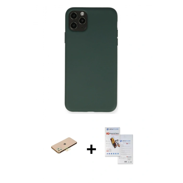 MARSİLYAN™- iPhone 11 Pro Max Kılıf Ahenk Serisi - Siyah Seramik Nano Ekran Koruyucu + Renkli Kamera Lens Koruma Cam - SI
