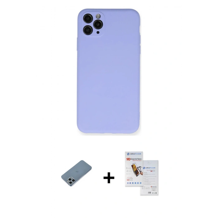 MARSİLYAN™- iPhone 11 Pro Max Kılıf Ahenk Serisi - Siyah Seramik Nano Ekran Koruyucu + Sierra Blue Shine Kamera Lens Koruma Cam