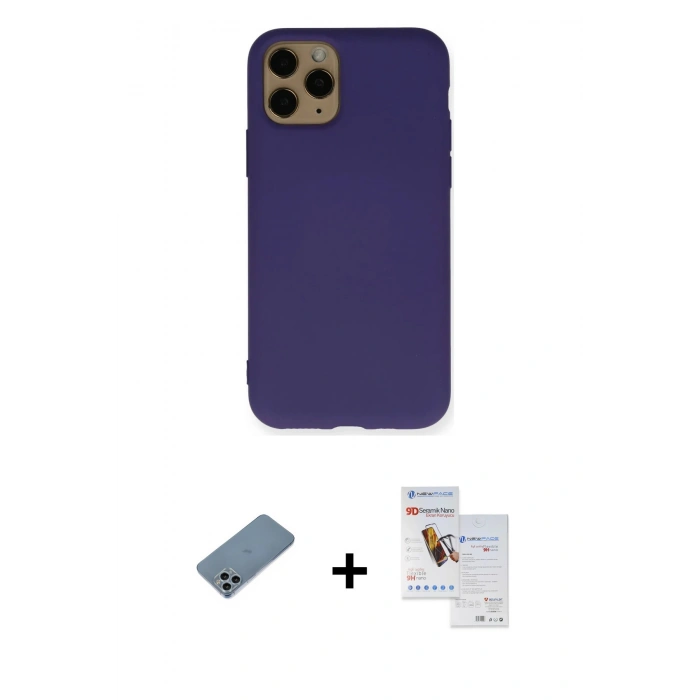 MARSİLYAN™- iPhone 11 Pro Max Kılıf Ahenk Serisi - Siyah Seramik Nano Ekran Koruyucu + Sierra Blue Shine Kamera Lens Koruma Cam