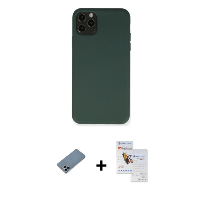 MARSİLYAN™- iPhone 11 Pro Max Kılıf Ahenk Serisi - Siyah Seramik Nano Ekran Koruyucu + Sierra Blue Shine Kamera Lens Koruma Cam
