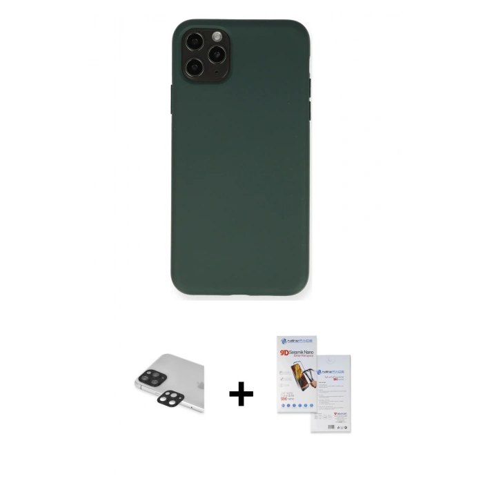 MARSİLYAN™- iPhone 11 Pro Max Kılıf Ahenk Serisi - Siyah Seramik Nano Ekran Koruyucu + Pers Alüminyum Kamera Lens - SH