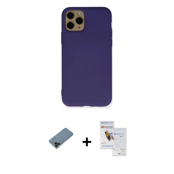 MARSİLYAN™- iPhone 11 Pro Max Kılıf Ahenk Serisi - Siyah Seramik Nano Ekran Koruyucu + Siyah Shine Kamera Lens Koruma Cam