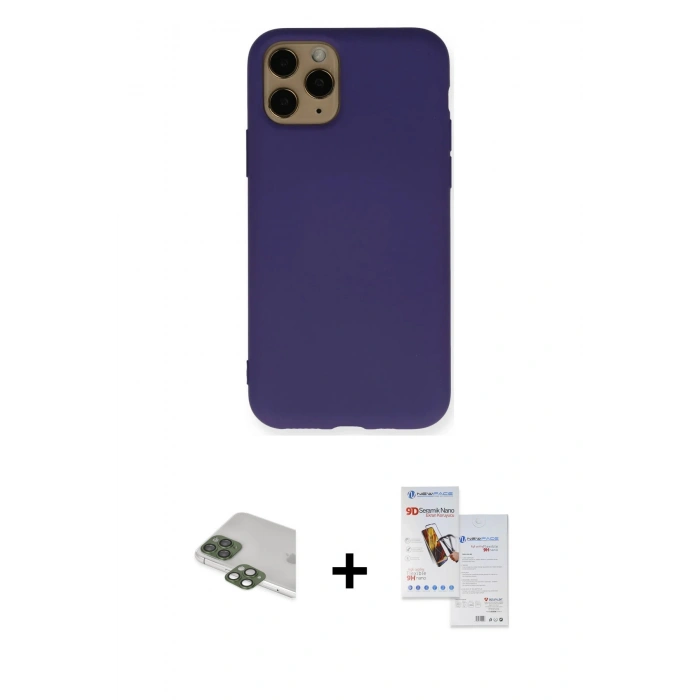 MARSİLYAN™- iPhone 11 Pro Max Kılıf Ahenk Serisi - Siyah Seramik Nano Ekran Koruyucu + Pers Alüminyum Kamera Lens - YL
