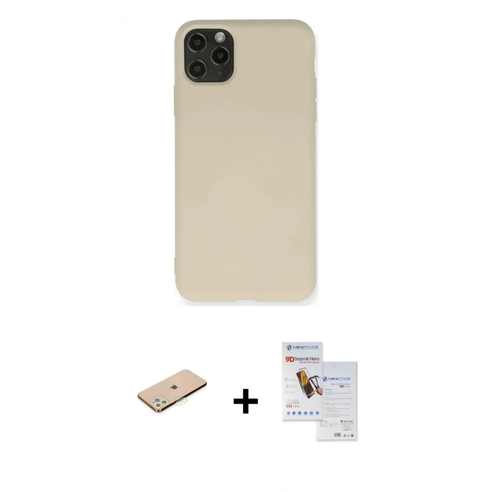 MARSİLYAN™- iPhone 11 Pro Max Kılıf Ahenk Serisi - Siyah Seramik Nano Ekran Koruyucu + Renkli Kamera Lens Koruma Cam - YL