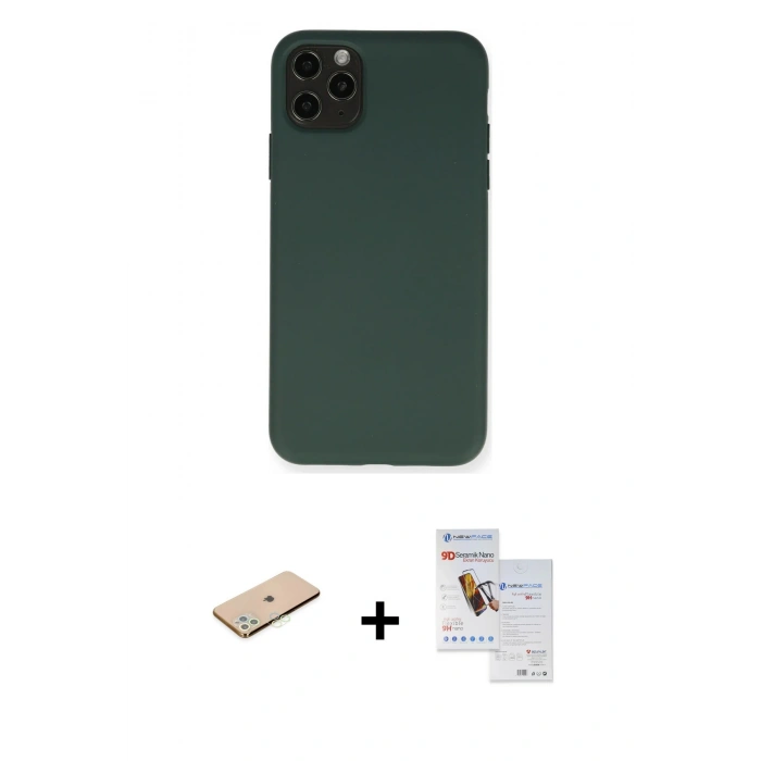 MARSİLYAN™- iPhone 11 Pro Max Kılıf Ahenk Serisi - Siyah Seramik Nano Ekran Koruyucu + Renkli Kamera Lens Koruma Cam - YL