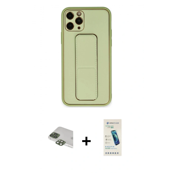MARSİLYAN™- iPhone 11 Pro Max Kılıf Akış Doku - Şeffaf Pasifik Cam Ekran Koruyucu + Yeşil Pers Alüminyum Kamera Lens