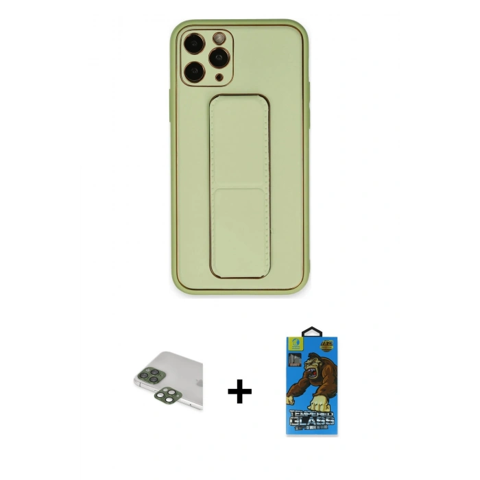 MARSİLYAN™- iPhone 11 Pro Max Kılıf Akış Doku - Siyah 18D Cam Ekran Koruyucu + Yeşil Pers Alüminyum Kamera Lens