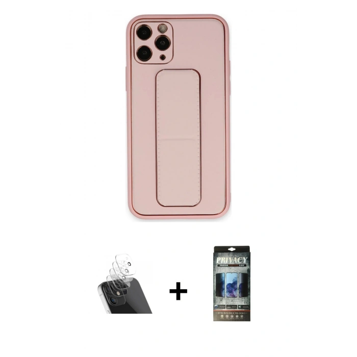 MARSİLYAN™- iPhone 11 Pro Max Kılıf Akış Doku - Siyah 34D Hayalet Izgaralı Cam + Kamera Lens Koruma Cam - SF