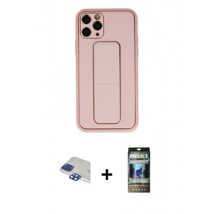 MARSİLYAN™- iPhone 11 Pro Max Kılıf Akış Doku - Siyah 34D Hayalet Izgaralı Cam + Lacivert Pers Alüminyum Kamera Lens