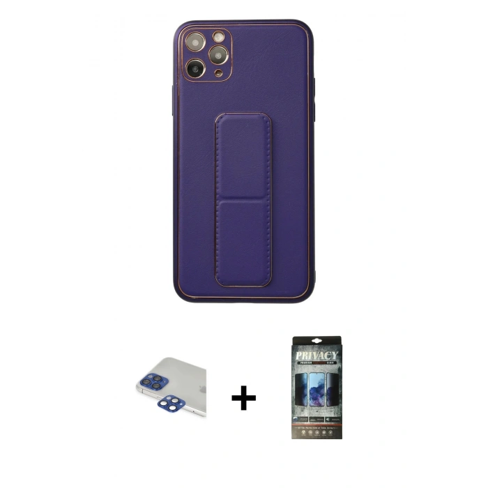 MARSİLYAN™- iPhone 11 Pro Max Kılıf Akış Doku - Siyah 34D Hayalet Izgaralı Cam + Lacivert Pers Alüminyum Kamera Lens