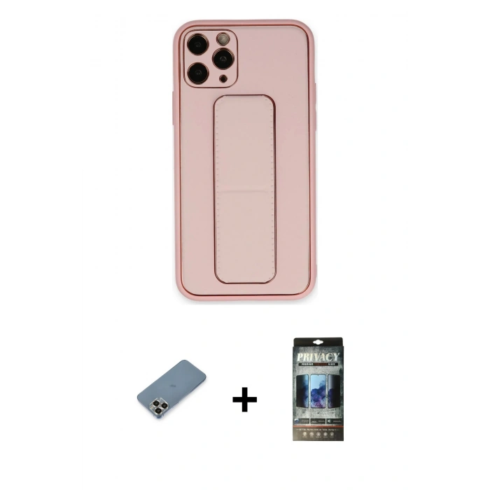 MARSİLYAN™- iPhone 11 Pro Max Kılıf Akış Doku - Siyah 34D Hayalet Izgaralı Cam + Metal Kamera Lens Koruma Cam - GD