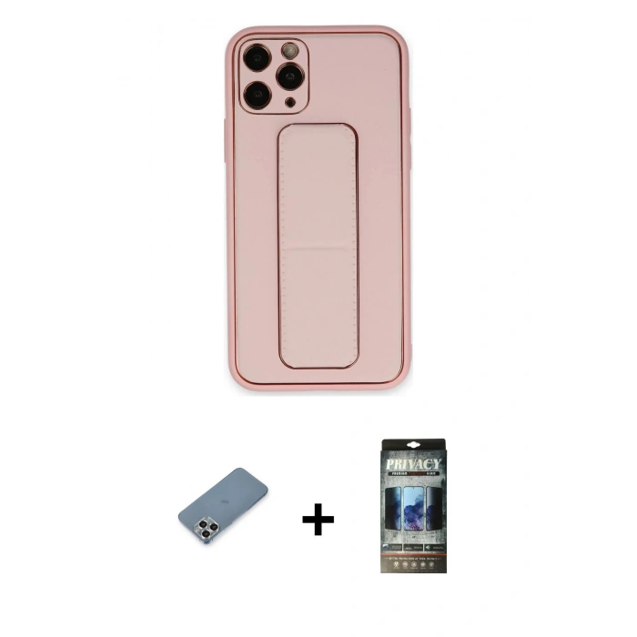 MARSİLYAN™- iPhone 11 Pro Max Kılıf Akış Doku - Siyah 34D Hayalet Izgaralı Cam + Metal Kamera Lens Koruma Cam - GS