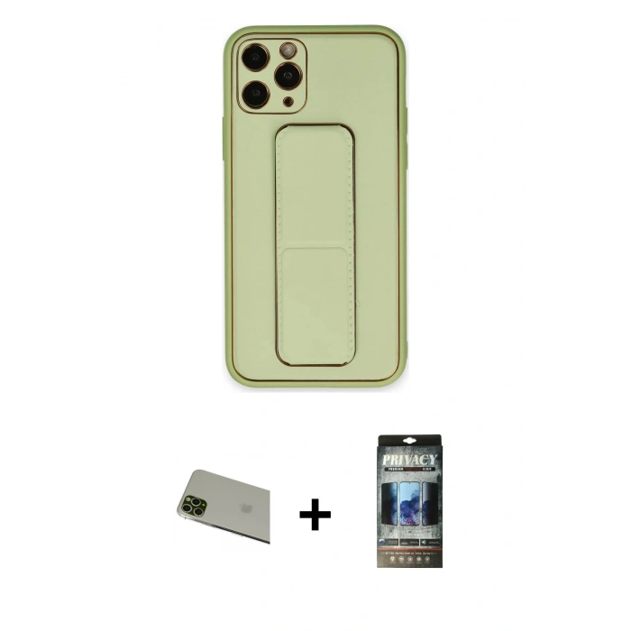 MARSİLYAN™- iPhone 11 Pro Max Kılıf Akış Doku - Siyah 34D Hayalet Izgaralı Cam + Rainbow Kamera Lens Koruma Cam - YL