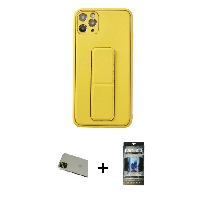 MARSİLYAN™- iPhone 11 Pro Max Kılıf Akış Doku - Siyah 34D Hayalet Izgaralı Cam + Rainbow Kamera Lens Koruma Cam - YL