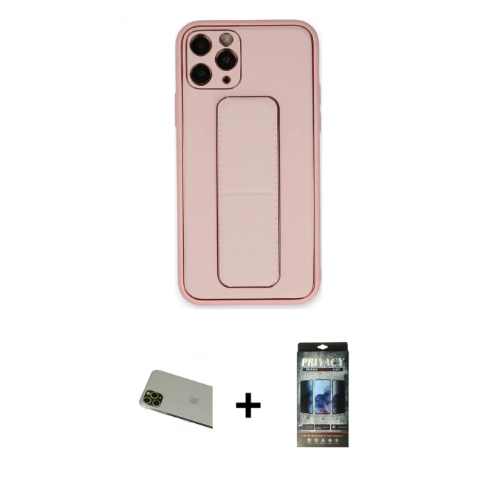 MARSİLYAN™- iPhone 11 Pro Max Kılıf Akış Doku - Siyah 34D Hayalet Izgaralı Cam + Rainbow Kamera Lens Koruma Cam - YL