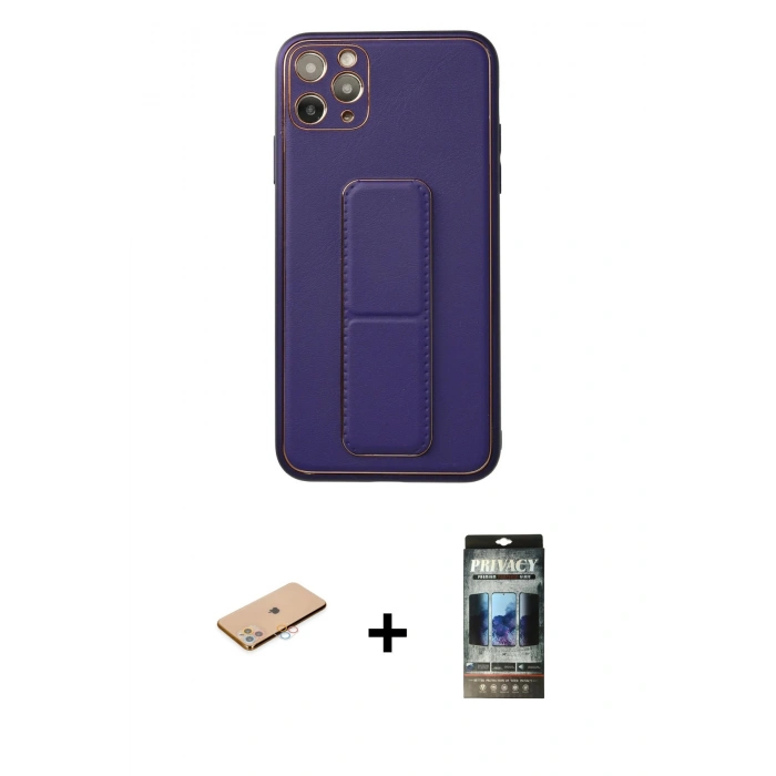 MARSİLYAN™- iPhone 11 Pro Max Kılıf Akış Doku - Siyah 34D Hayalet Izgaralı Cam + Renkli Kamera Lens Koruma Cam - PE