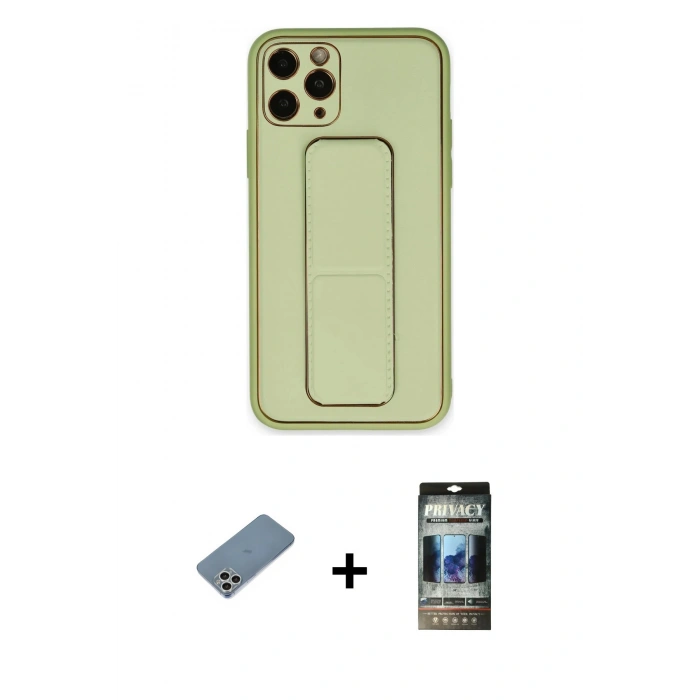 MARSİLYAN™- iPhone 11 Pro Max Kılıf Akış Doku - Siyah 34D Hayalet Izgaralı Cam + Shine Kamera Lens Koruma Cam - GS