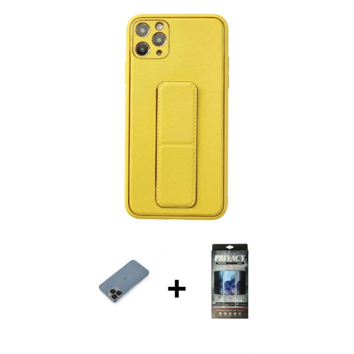 MARSİLYAN™- iPhone 11 Pro Max Kılıf Akış Doku - Siyah 34D Hayalet Izgaralı Cam + Metal Kamera Lens Koruma Cam - SH