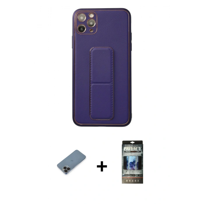 MARSİLYAN™- iPhone 11 Pro Max Kılıf Akış Doku - Siyah 34D Hayalet Izgaralı Cam + Metal Kamera Lens Koruma Cam - SH