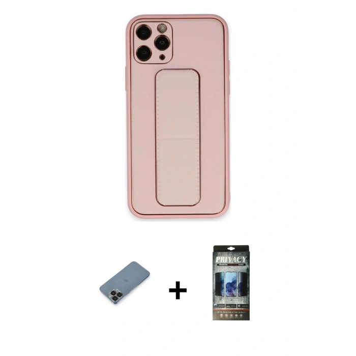 MARSİLYAN™- iPhone 11 Pro Max Kılıf Akış Doku - Siyah 34D Hayalet Izgaralı Cam + Metal Kamera Lens Koruma Cam - SH