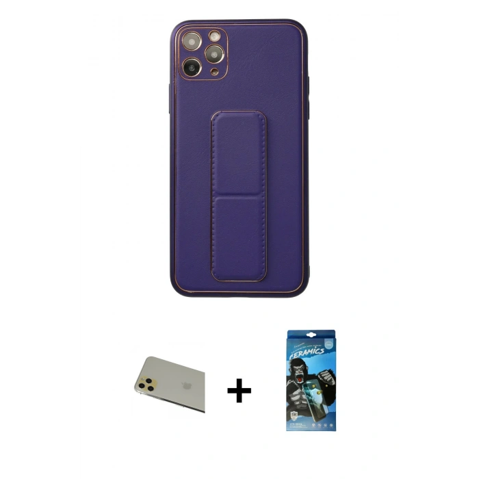 MARSİLYAN™- iPhone 11 Pro Max Kılıf Akış Doku - Siyah 34D Izgaralı Cam + Rainbow Kamera Lens Koruma Cam - GD