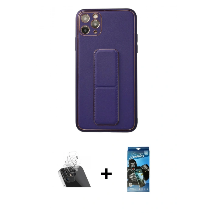 MARSİLYAN™- iPhone 11 Pro Max Kılıf Akış Doku - Siyah 34D Izgaralı Cam + Kamera Lens Koruma Cam - SF