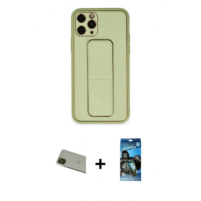 MARSİLYAN™- iPhone 11 Pro Max Kılıf Akış Doku - Siyah 34D Izgaralı Cam + Rainbow Kamera Lens Koruma Cam - YL