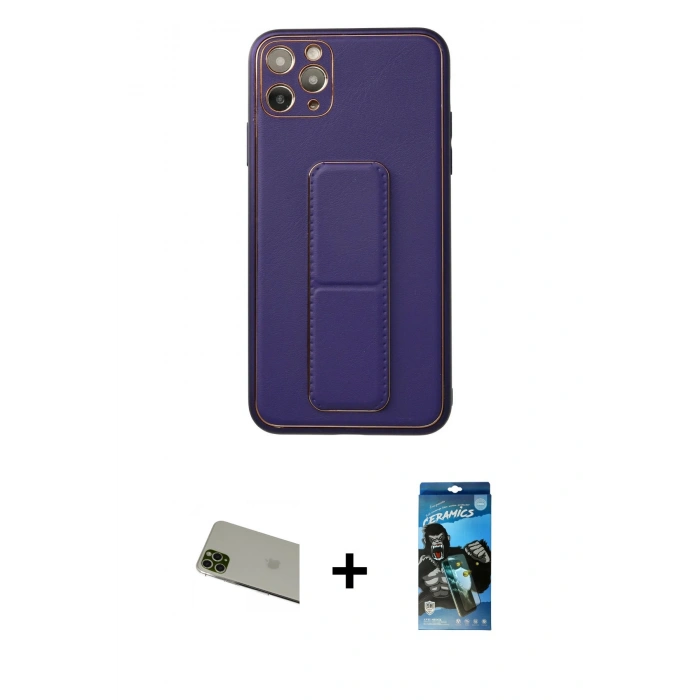MARSİLYAN™- iPhone 11 Pro Max Kılıf Akış Doku - Siyah 34D Izgaralı Cam + Rainbow Kamera Lens Koruma Cam - YL