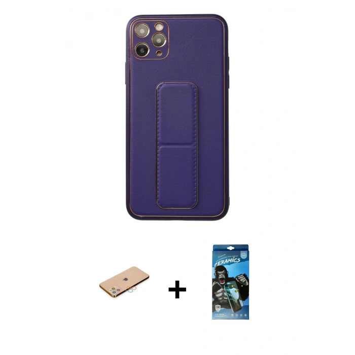 MARSİLYAN™- iPhone 11 Pro Max Kılıf Akış Doku - Siyah 34D Izgaralı Cam + Renkli Kamera Lens Koruma Cam - PE